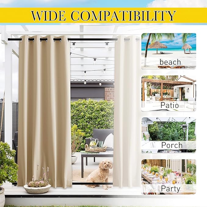 NICETOWN 2 Panels Outdoor Patio Curtains Windproof & Waterproof, Top & Bottom Grommet & Back Tab Light Blocking Thermal Drapes Privacy for Yard/Porch with Ropes for Fixed, Biscotti Beige, W46 x L63 NICETOWN