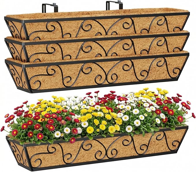 Y&M 30 Inch Window Deck with Coco Liner, Fence Metal Hanging Flower Planter Window Basket Deck Railing Planter Boxes for Outdoor Garden Lawn-Butterfly, 4pcs YM