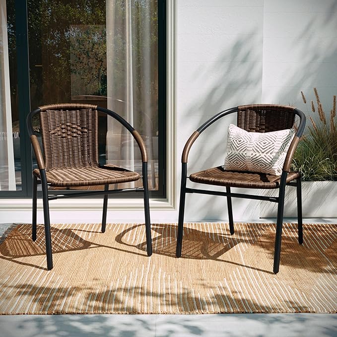 EMMA + OLIVER Set of 2 Modern Rattan Indoor/Outdoor Stack Chairs, Stacking Rattan Patio Chairs with Curved Back and Cross Bracing, Brown EMMAOLIVER
