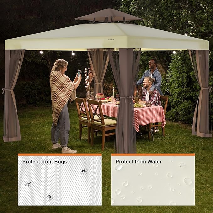 Patio Gazebo Tent Outdoor Canopy Shelter 10'x10' with Removable Netting,100 Square Feet of Shade for Garden, Backyard Deck and Lawns (Beige) GOJOOASIS