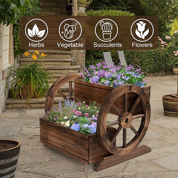 Wooden Wagon Planter Box, Garden Planter with Wheels,Decorative Planter for Flowers Herbs Vegetables for Indoor & Outdoor Décor, Flower Cart for Patio Garden Balcony OIPRTGFJ