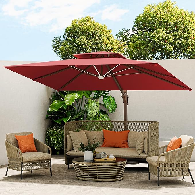 10 X 13 FT Cantilever Outdoor Patio Umbrella with Base Included with Led Lights Large 360° Rotation Double Top Offset Heavy Duty Rectangular Umbrellas for Backyard Outside Deck, Wine Red MEVBC