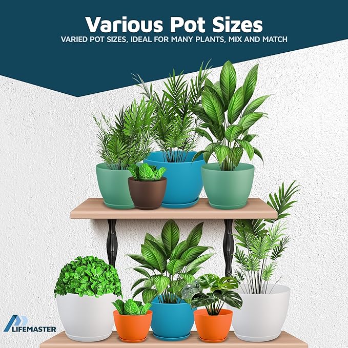 Multicolor Plant Pots with Drainage Holes & Saucers 5 Pack, Indoor & Outdoor Stackable Space-Saving Planters for Houseplants & Flowers, (7", 6.7", 6", 5.3", and 4.8" Inches), Durable & Weatherproof LIFEMASTER