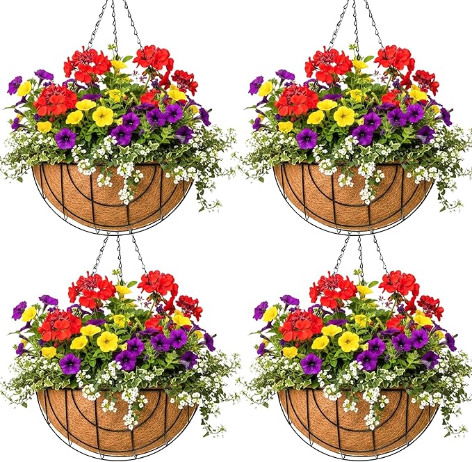 14 inch Metal Hanging Baskets For Plants Outdoor 4 Pack Round Metal Wire Hanging Basket Planter with Coco Fiber Liners Plant Holder for Garden, Patio, Deck, Porch Plants Flower Potss Outdoor(Grid) JFFLYIT