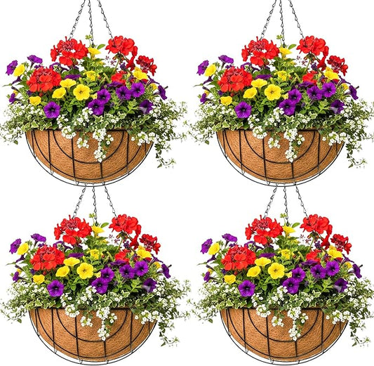 Metal Hanging Baskets for Plants Outdoor 4 Pack Round Metal Wire Hanging Basket Planter (Grid, 10 Inch) JFFLYIT