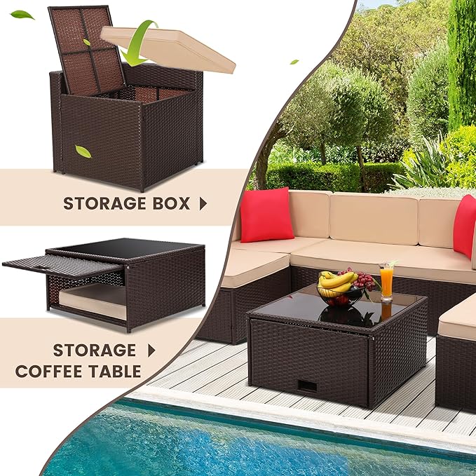 8-Piece Patio Furniture Set, Outdoor Wicker Rattan Sectional with Thick Cushions, Glass Top Table with Hidden Storage, Outdoor Conversation Set for Backyard, Porch, Patio, Beige KROFEM