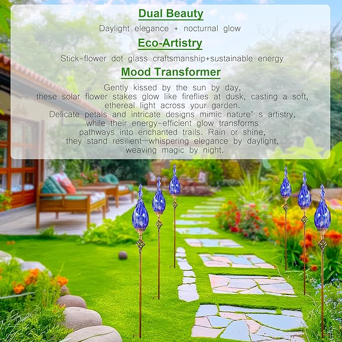 Solar Garden Lights Outdoor, Decorative LED Flame Garden Stakes, Hand Blown Glass and Outdoor Waterproof Glass Stakes (Dark Blue) Rootora