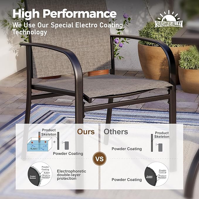 5 Piece Patio Dining Set for 4, 42" x 42" Round Metal Table with Umbrella Hole and 4 Brown Chairs, Outdoor Table and Chairs Set for Lawn Backyard and Deck SUNSHINEVALLEY