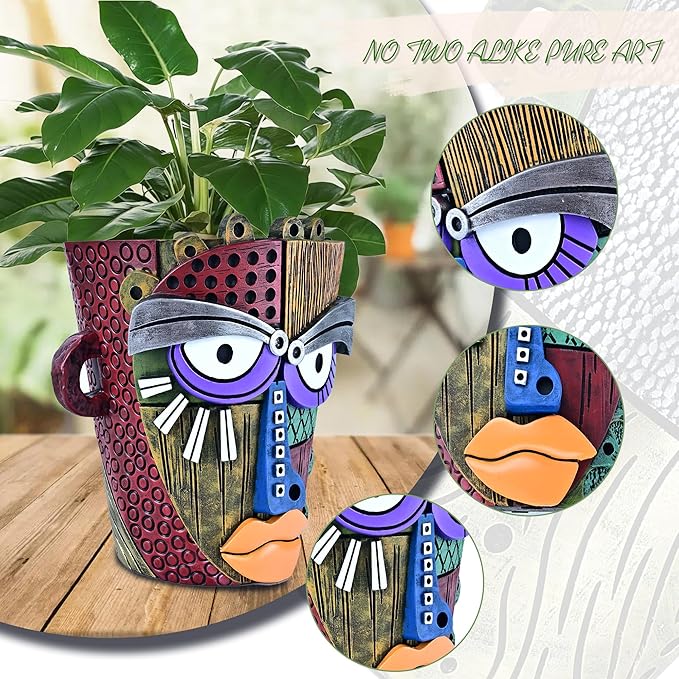 Abstract Face Planter Pots for Plants,Hand-Painted Colorful Flower Pots with Drainage, Indoor Outdoor Garden Decor Gift(Classic,Large) Midogaigai