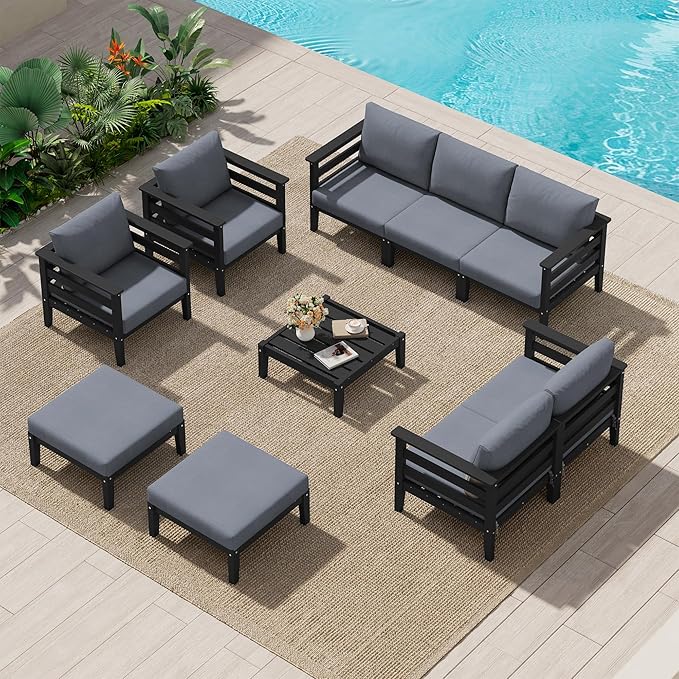 SERWALL HDPE Patio Furniture Set, 10 Pieces Outdoor Sectional Sofa Set, All-Weather Wood-Like Outdoor Sofa Couch with Coffee Table for Deck, Lawn, Black Frame with Grey Cushion SERWALL