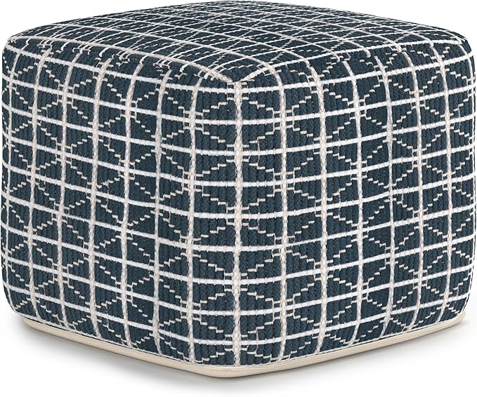 SIMPLIHOME Noreen Boho Square Pouf in Dark Blue and White Handloom Woven Pattern for the Living Room, Bedroom and Kids Room SimpliHome