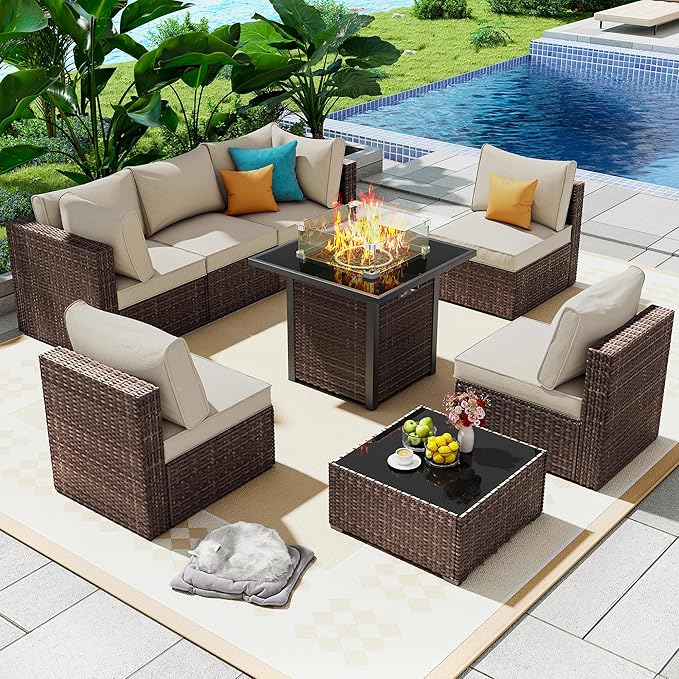 Outdoor Patio Furniture Set with 28'' Fire Pit Table, 8 Pcs Outdoor Patio Furniture Conversation Sets with 4in Thicken Cushion, Wicker Outdoor Sectional for Backyard, Garden, Balcony,Deck, Brown/Beige Olimix