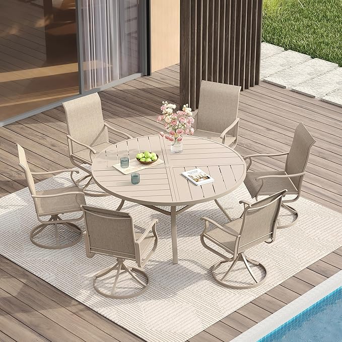 VICLLAX Round Patio Table with Adjustable Umbrella Hole for 6, All Weather Metal Outdoor Dining Table for Lawn Garden, 50" Outdoor Coffee Table, Cream Color Frame HOME