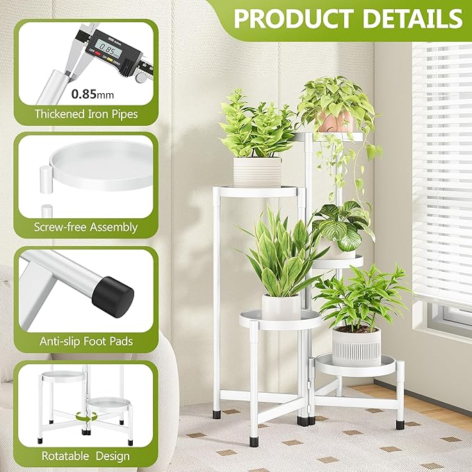 5 Tier Plant Stand Indoor, Tiered Plant Stand Outdoor for Multiple Plants, Corner Plant Shelf for Patio Balcony Porch Garden Living Room House,White Cawukege
