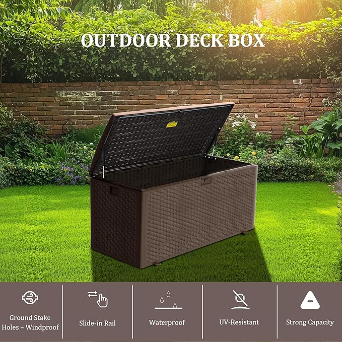 TARKARI Premium Pro Edition 180 Gallon Lockable Resin Deck Box, Waterproof & UV-Resistant Outdoor Storage Box for Outdoor Cushion Storage, Garden Tools & Pool Accessories Storage, Brown Home