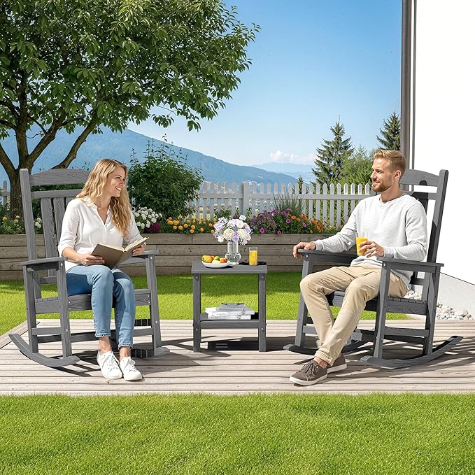 SERWALL Outdoor Rocking Chair Set of 2, HDPE Patio Rocking Chair, All-Weather Porch Rocker for Balcony, Yard, Dark Gray SERWALL