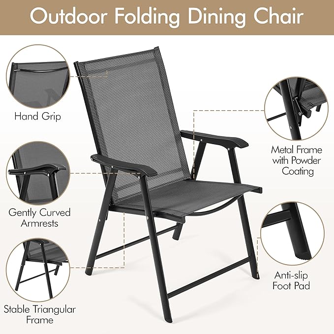 Yaheetech Patio Dining Chairs Set of 2 with Armrests, Outdoor Folding Chairs with Metal Frame and Backrest for Lawn, Garden, Yard and Poolside, Black Yaheetech