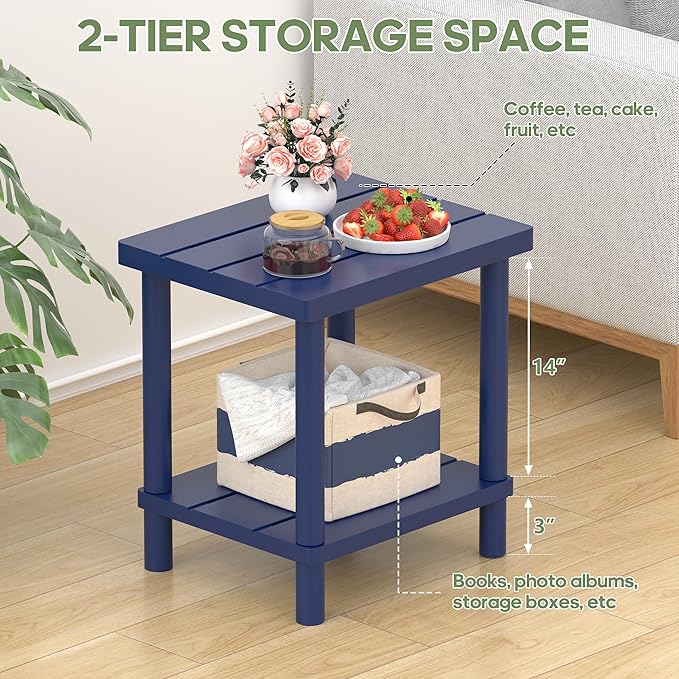 Outdoor Side Table, 2-Tier Small Outdoor Table for Patio, Adirondack Side Tables for Outside or Indoor, Bamboo End Table for Pool, Porch, Weather Resistant Easy Maintenance-Dark Blue LEJANEOYE