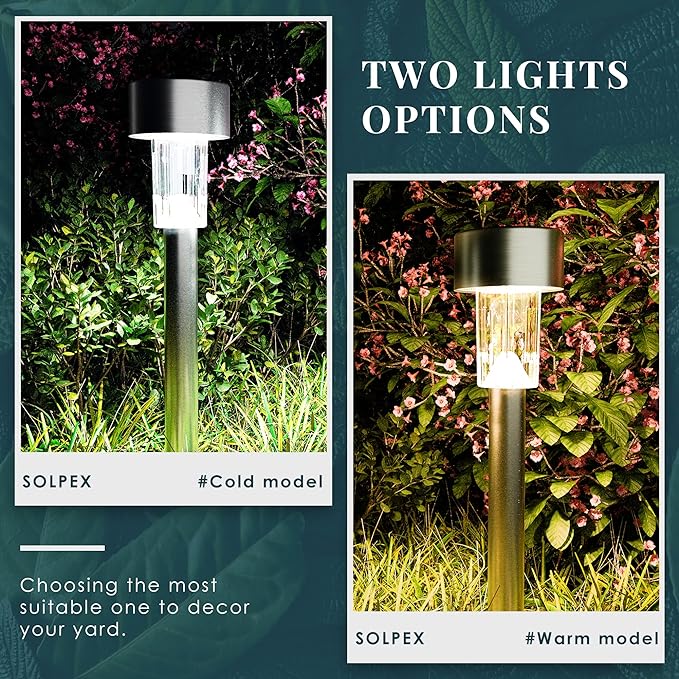 SOLPEX 16 Pack Solar Outdoor Lights Pathway, Stainless Steel Solar Lights Outdoor Waterproof,LED Landscape Lighting Solar Walkway Lights for Landscape/Patio/Lawn/Yard/Driveway-Warm White Solpex