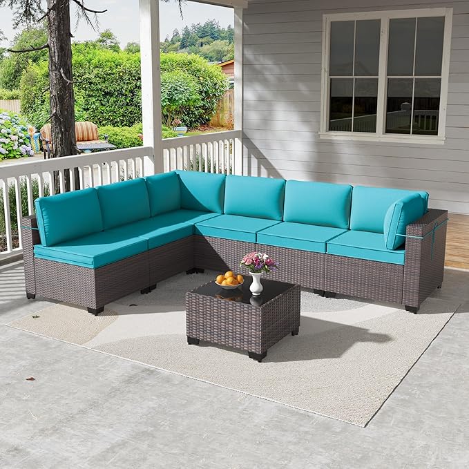 Kullavik 7 Pieces Outdoor Patio Furniture Set PE Wicker Rattan Sectional Sofa Patio Conversation Sets,Blue KULLAVIK