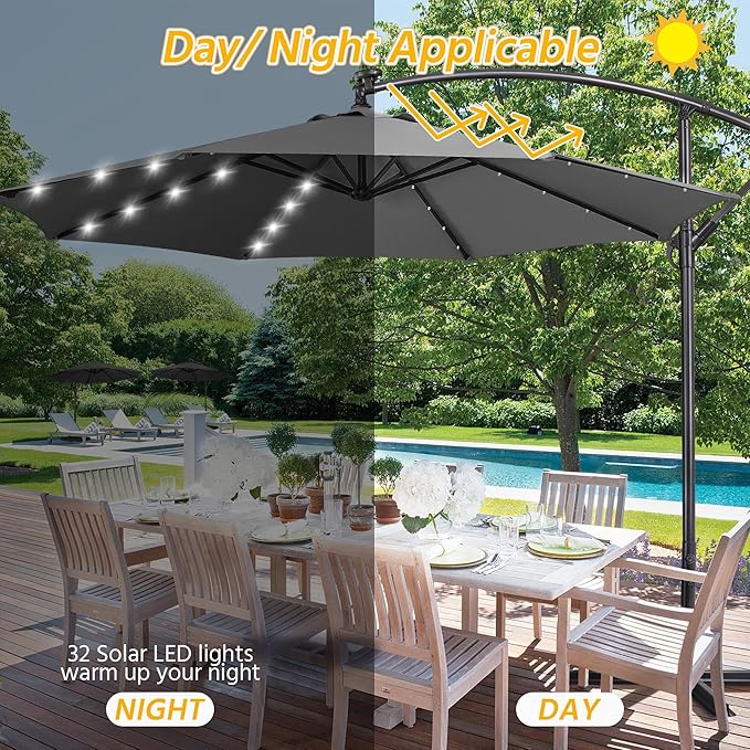 Yaheetech 10FT Solar Offset Umbrella with 32 LED Lights Cantilever Hanging Outdoor Umbrellas Handy Crank & Cross Base for Lawn/Deck/Backyard/Pool Gray Yaheetech