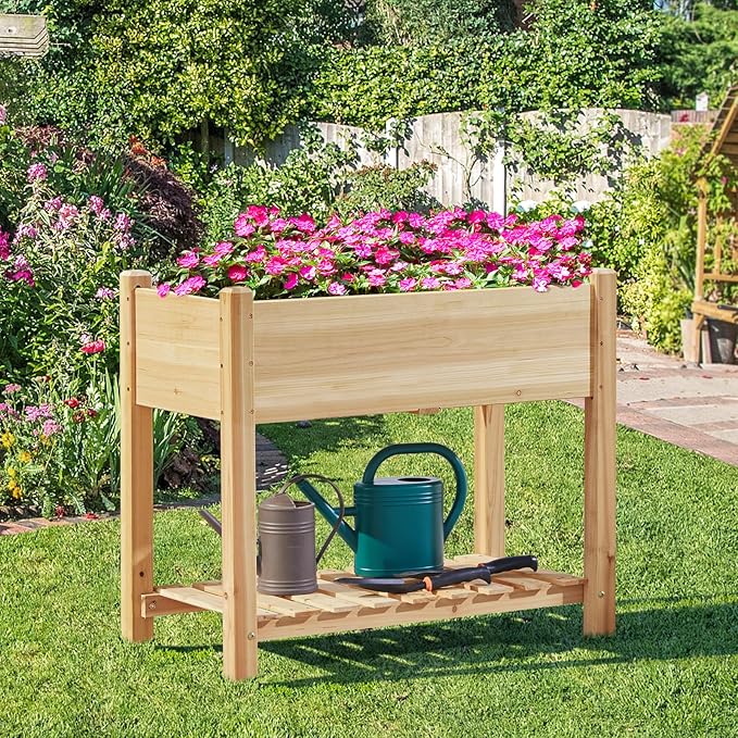 Yaheetech 34x18x30in Horticulture Raised Garden Bed Planter Box with Legs & Storage Shelf Wooden Elevated Vegetable Growing Bed for Flowers, Plants, Backyard, Patio, Balcony, Light Brown Yaheetech