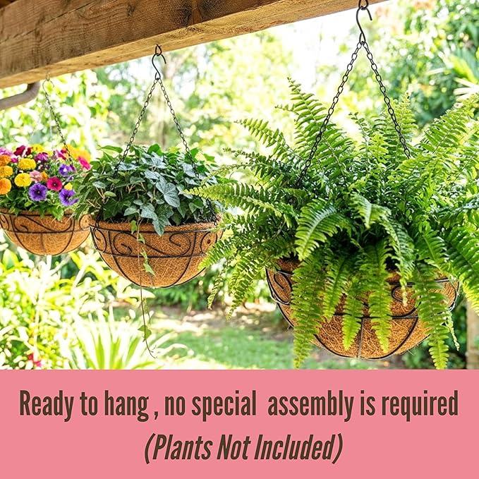LaLaGreen Hanging Planter for Outdoor Plants (18 Inch, 2 Pack) Black Hanging Baskets with Coco Liner, Also Available in 8/12/14/16/18/20 Inch and Different Shapes Balcony Porch Farmhouse Country Decor L%C3%A1L%C3%A1Green