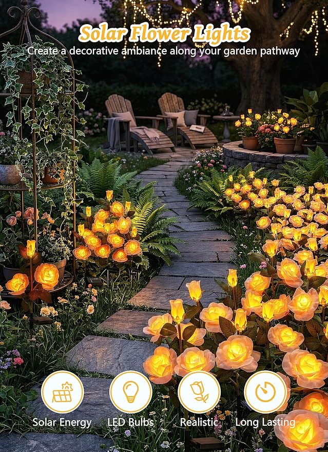 Brightown Outdoor Solar Flower Lights, 4 Pack Solar Garden Light with Larger & More Realistic Champagne Rose, Bigger Solar Panel, Waterproof Solar Lights Outdoor for Yard Garden Lawn Pathway Decor Brightown