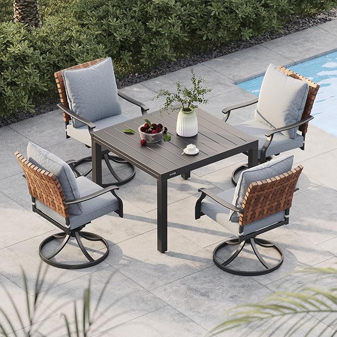Grand patio 5-Piece Outdoor Dining Set, 4 Leather-Look Wicker Swivel Patio Chairs & 1 Expandable Dining Table, Black GrandPatio