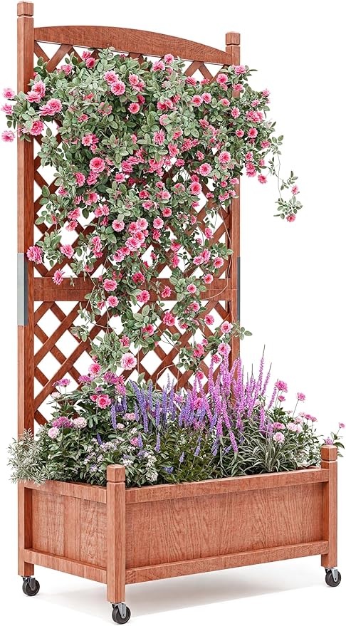 GarveeLife 1PC Wood Planter Box with Trellis - 29.5"x26"x61.5" Tall Raised Garden Bed with Wheels, Drainage Holes, Vertical Flower Stand for Patio Horticulture GarveeLife