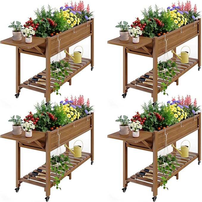 YEFU Raised Garden Bed with Legs: 57x18x30in Elevated Poly Planter with Wheels,Waterproof Mobile Raised Bed Garden, Elevated Planter Box Stand with Storage Shelf,for Herb,Carrot,Tomato (Teak,4pcs) YEFU