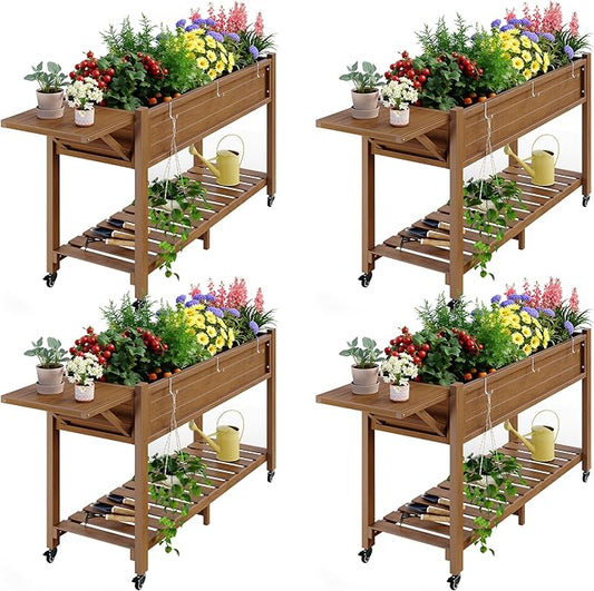 YEFU Raised Garden Bed with Legs: 57x18x30in Elevated Poly Planter with Wheels,Waterproof Mobile Raised Bed Garden, Elevated Planter Box Stand with Storage Shelf,for Herb,Carrot,Tomato (Teak,4pcs) YEFU