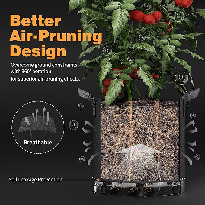 Self-Watering Grow Bags, 5-Pack 5 Gallon 420G Thick Nonwoven Fabric Pots with Reinforced Handles and Multi-Purpose Rings, for Low Stress Plant Training Fruits, Vegetables,and Flowers Patigrow