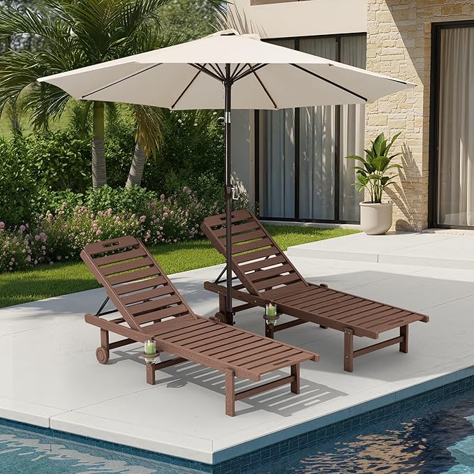 SERWALL Outdoor Chaise Lounge Set of 2 with 9FT Umbrella, HDPE Pool Lounge Chair with 5-Position Adjustable Backrest, Patio Lounger with Rolling Wheels & Cup Holder for Pool, Brown SERWALL
