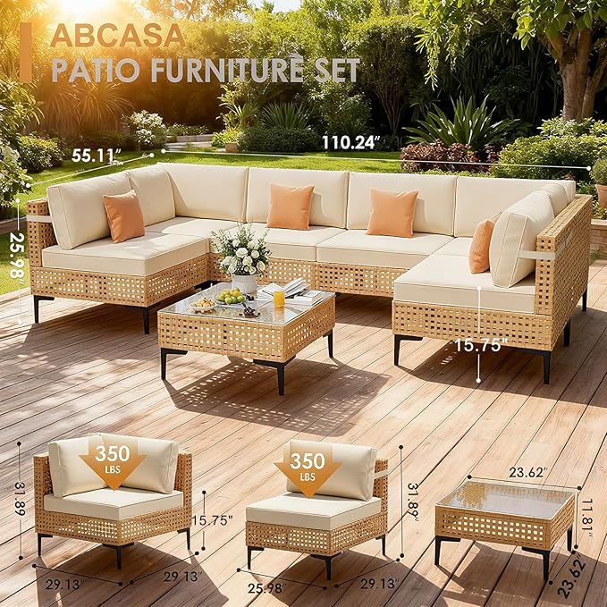 ABCASA Patio Furniture Set, 110" Large 7-Piece Wicker Outdoor Patio Furniture Sets with Anti-Slip Cushions & Coffee Table,Boho Patio Conversation Set Sectional Sofa for Backyard,Porch,Beige ABCASA