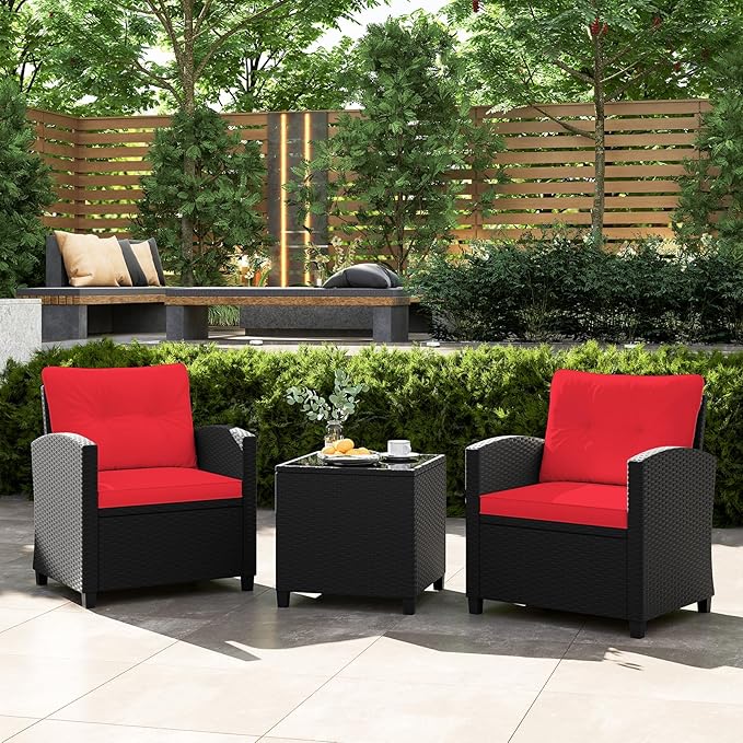 Tangkula 3 Pieces Patio Furniture Set, Rattan Conversation Set w/Soft Seat & Back Cushions, Tempered Glass Topped Coffee Table, Cushioned Wicker Seating for Backyard, Porch, Poolside (Red) TANGKULA