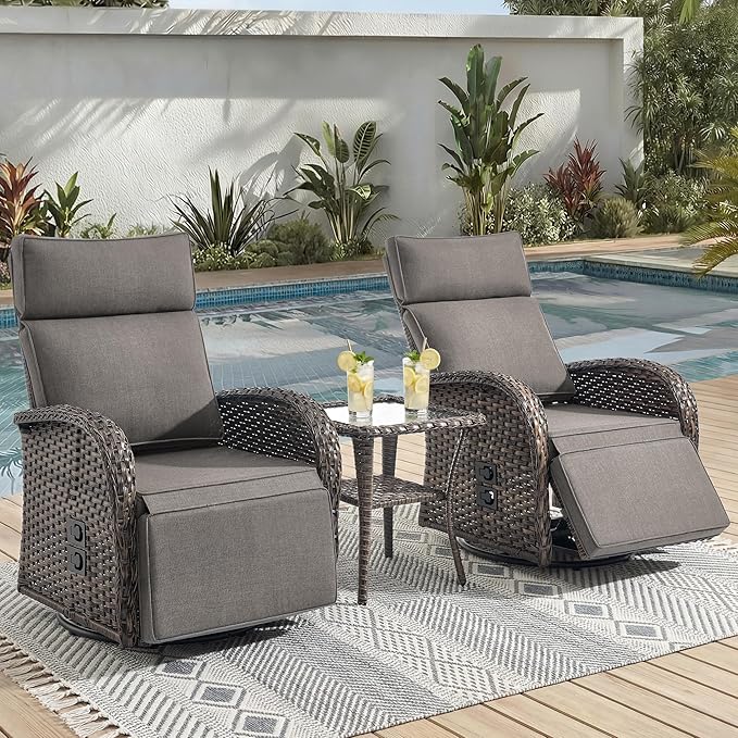 3 Pieces Zero Gravity Patio Swivel Rocking Recliner Chairs Set of 2 - Wicker Outdoor Lounge Chair with Side Table, Adjustable Backrest & Footrest, High Back Outdoor Recliner Chair for Pool Deck Gray JelwalyPatioFurnitureSet