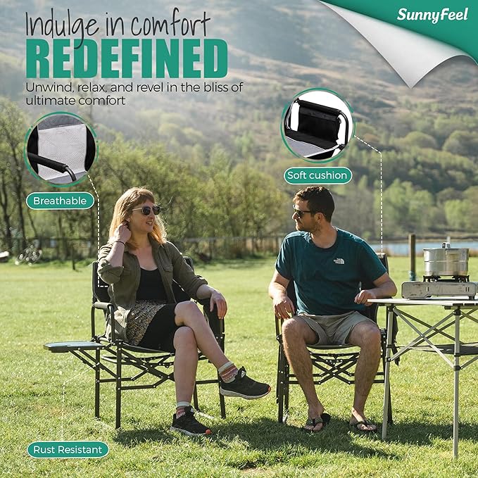 SUNNYFEEL Oversized Camping Directors Chair 500 LBS Heavy Duty, Portable Folding Chair with Side Table, Pocket for Beach, Fishing,Trip,Picnic,Lawn,Concert Outdoor Foldable Camp Chairs SunnyFeelCamping