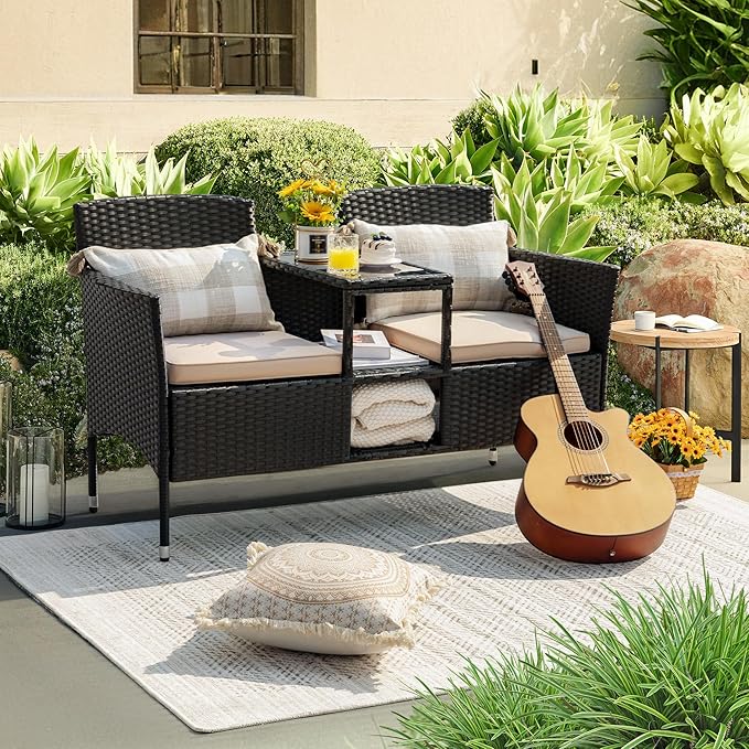 Devoko Outdoor Patio Loveseat Modern Rattan 2-Seat Patio Conversation Set with Cushions & Built-in Coffee Table Porch Furniture for Garden Lawn Backyard (Beige) DEVOKO