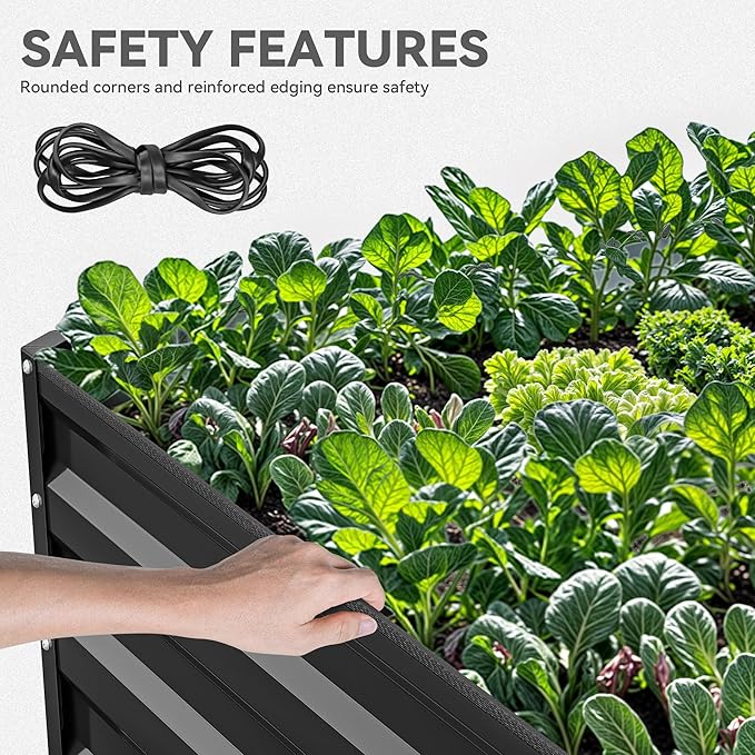 YITAHOME 96x48x24 in Galvanized Raised Garden Bed Kit, Large Metal Planter Box with Gloves, Safety Rubber & Support Rod, Outdoor Flower Bed for Plants Vegetables, Black YITAHOME