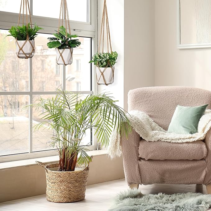 YIBOT 3 Pack Macrame Plant Hanger Indoor Hanging Planter Basket with 3 Hooks, 35"/29"/23" Crochet Plant Holder Stand No Tassels for Indoor Outdoor Boho Home Decor, Brown (POTS NOT Included) YIBOT