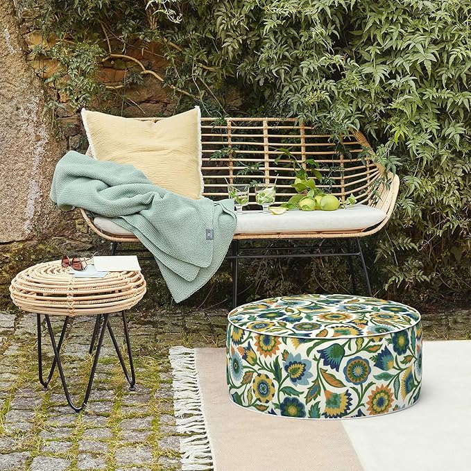LVTXIII Inflatable Stool Ottoman Footrest with Handle, Decorative Fade-Resistant Foot Stool, Indoor or Outdoor Pouf for Home Garden and Camping Use, D21 x W 21 x H9, Fiesta Floral LVTXIII
