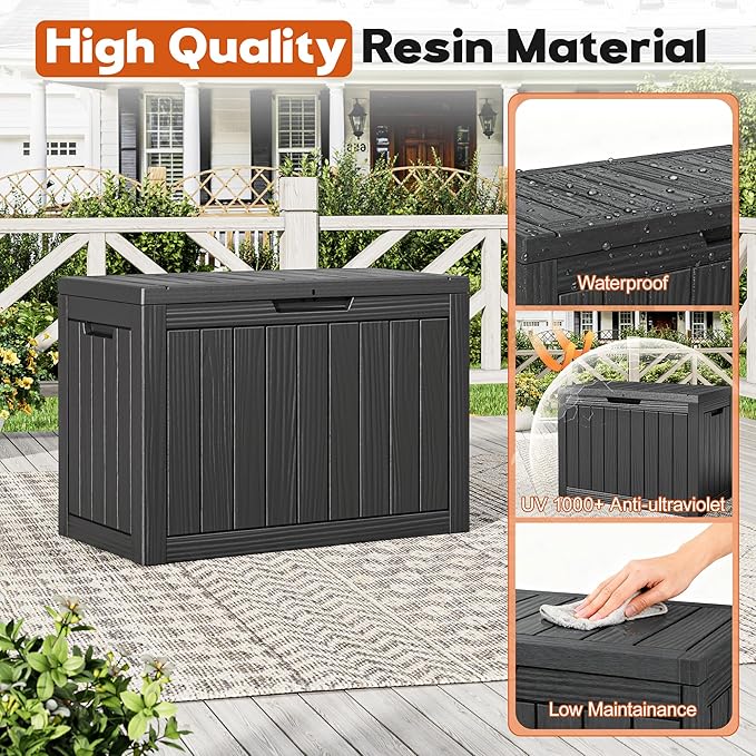 Outdoor Storage Box, Resin Deck Boxes Indoor and outdoor, Waterproof Storage Box Lockable Lid (Black, 45 Gallon) NBYSGO