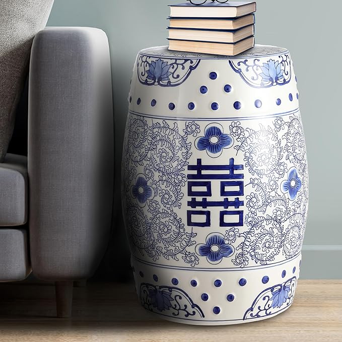 JONATHAN Y TBL1013A Double Happiness 18" Chinoiserie Ceramic Drum Indoor/Outdoor Garden Stool Bohemian, Coastal, Classic, Cottage, French Country, Traditional, Bathroom, Garden Room, Patio, Blue/White JONATHANY