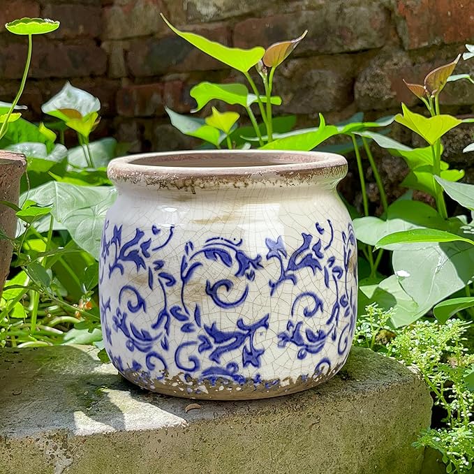 Flower Pot,Vintage Ceramic Pot for Planter with Drainage Holes, 6.29 inch Ice Crack Glazed Indoor Planters Pot for Indoor,Tuscan Home Decor,Gardening Gifts,Blue and White (Tropical) Dosayes