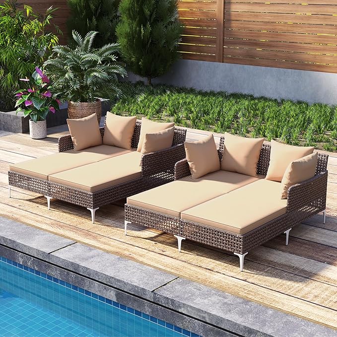 Tangkula Outdoor Rattan Double Daybed, Boho Wicker Chaise Lounge for 2 with Seat & Back Cushions, Outdoor Sunbed Loveseat with Metal Support for Backyard, Poolside & Deck (Brown) TANGKULA