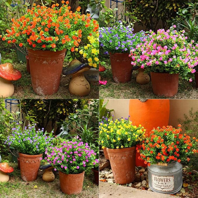 20 Bundles Artificial Flowers Outdoor Fake Plants, UV Resistant No Fade Faux Plastic Greenery Shrubs for Hanging Planter Garden Porch Window Box Outside Decoration,Home Indoor Decor, 5 Colors YIBUKIY