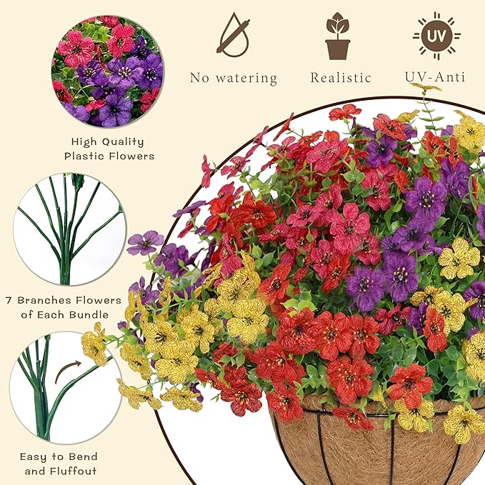 Senjie 12 Bundles Artificial Hanging Flowers with Basket for Outdoor Decor, UV Resistant Faux Flowers Fake Hanging Planter for Porch Patio Balcony Senjie