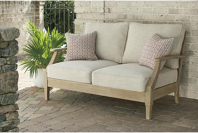 Signature Design by Ashley Clare View Coastal Outdoor Loveseat, Cushioned with Nuvella Fabric, Protective Finish, Eucalyptus Wood, 55.5" W x 35" D x 32" H, Beige SignatureDesignbyAshley