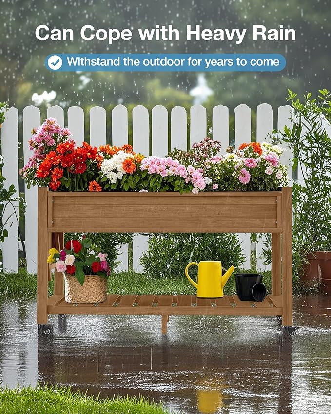 YEFU Raised Garden Bed with Legs: 57x18x30in Elevated Poly Planter with Wheels,Waterproof Mobile Raised Bed Garden, Elevated Planter Box Stand with Storage Shelf,for Herb,Carrot,Tomato (Teak,2pcs) YEFU